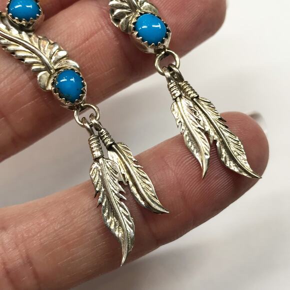 Running Bear Trading Sterling Silver Turquoise Sawtooth Bezel Feather Earrings - Picture 7 of 12